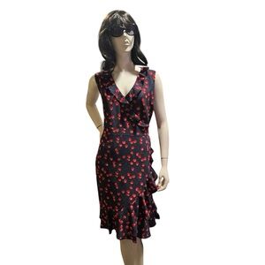 J.Crew Cherries Print Ruffle Wrap Dress Size 14 Black/Red Coquette Dark Romantic